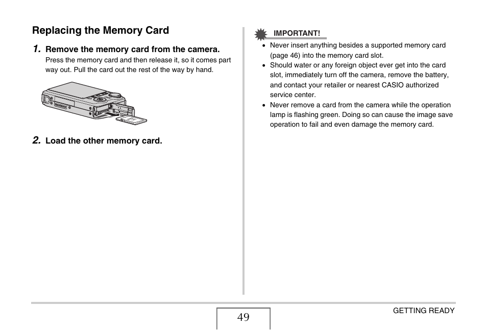 Replacing the memory card | Casio EX-V7 User Manual | Page 49 / 276