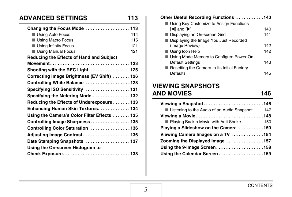 Advanced settings 113, Viewing snapshots and movies 146 | Casio EX-V7 User Manual | Page 5 / 276