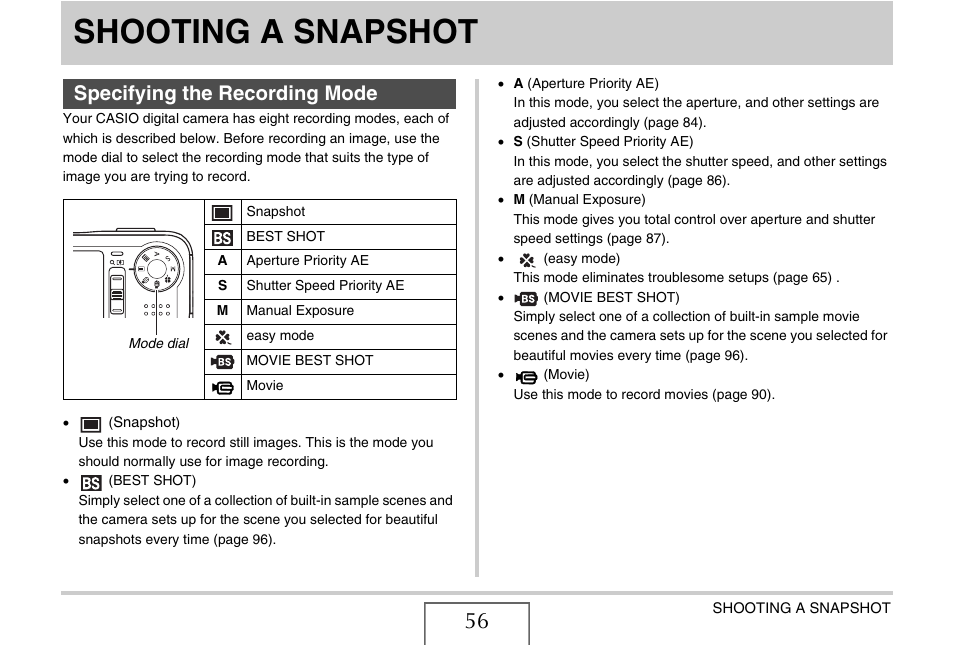Shooting a snapshot, Specifying the recording mode | Casio EX-V7 User Manual | Page 56 / 276