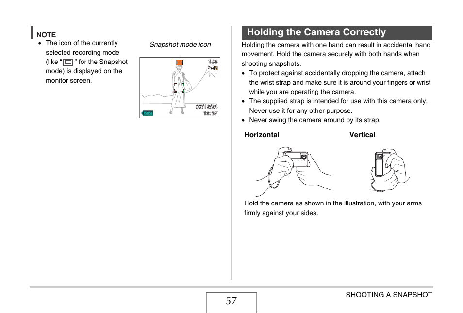 Holding the camera correctly | Casio EX-V7 User Manual | Page 57 / 276