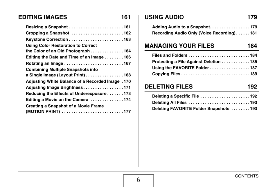 Editing images 161, Using audio 179, Managing your files 184 | Deleting files 192 | Casio EX-V7 User Manual | Page 6 / 276