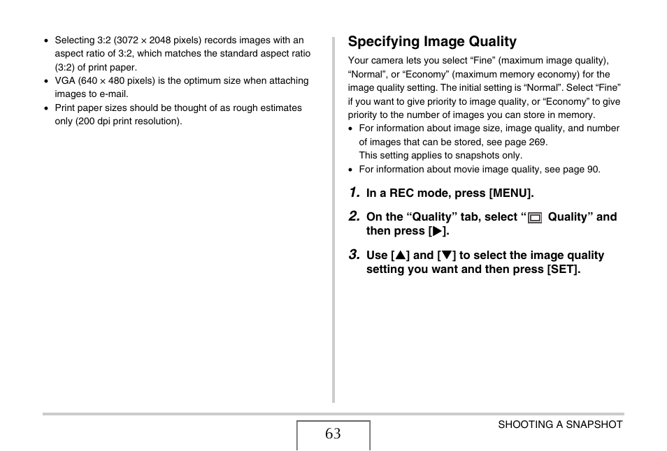 Specifying image quality | Casio EX-V7 User Manual | Page 63 / 276