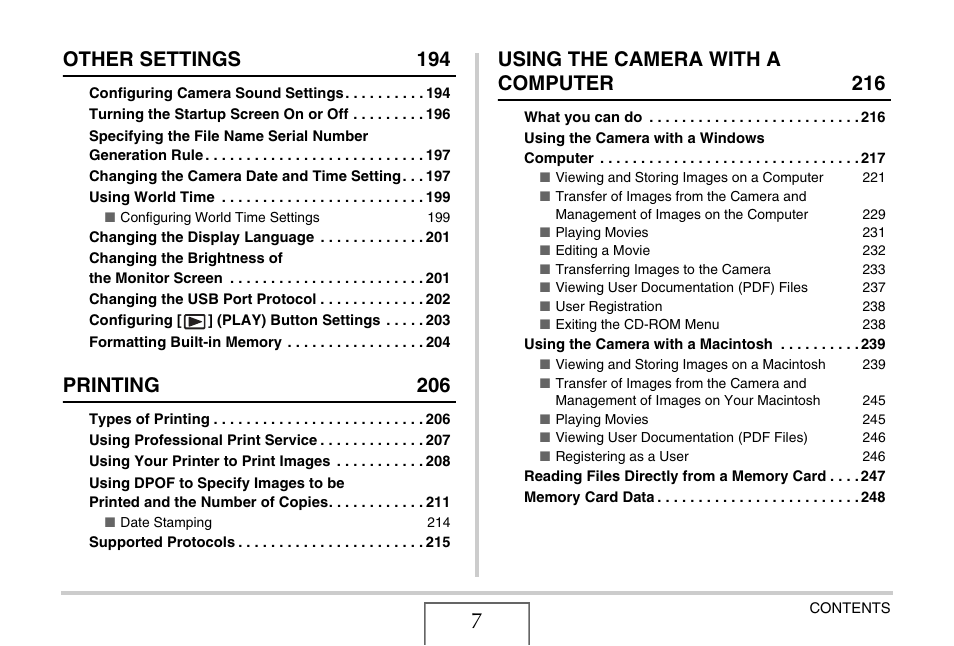 Other settings 194, Printing 206, Using the camera with a computer 216 | Casio EX-V7 User Manual | Page 7 / 276