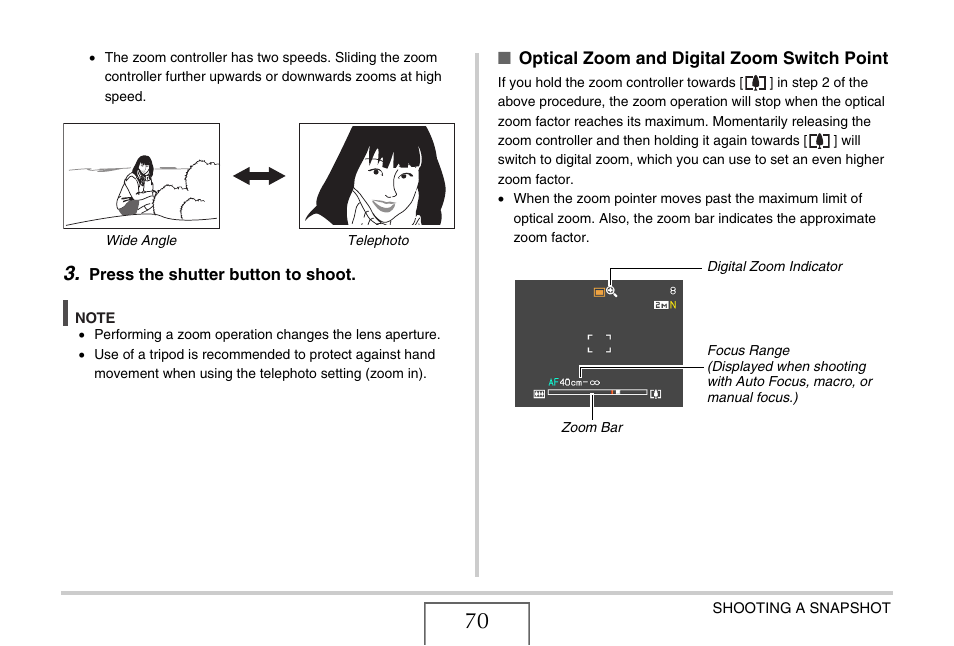 Optical zoom and digital, Zoom switch point | Casio EX-V7 User Manual | Page 70 / 276