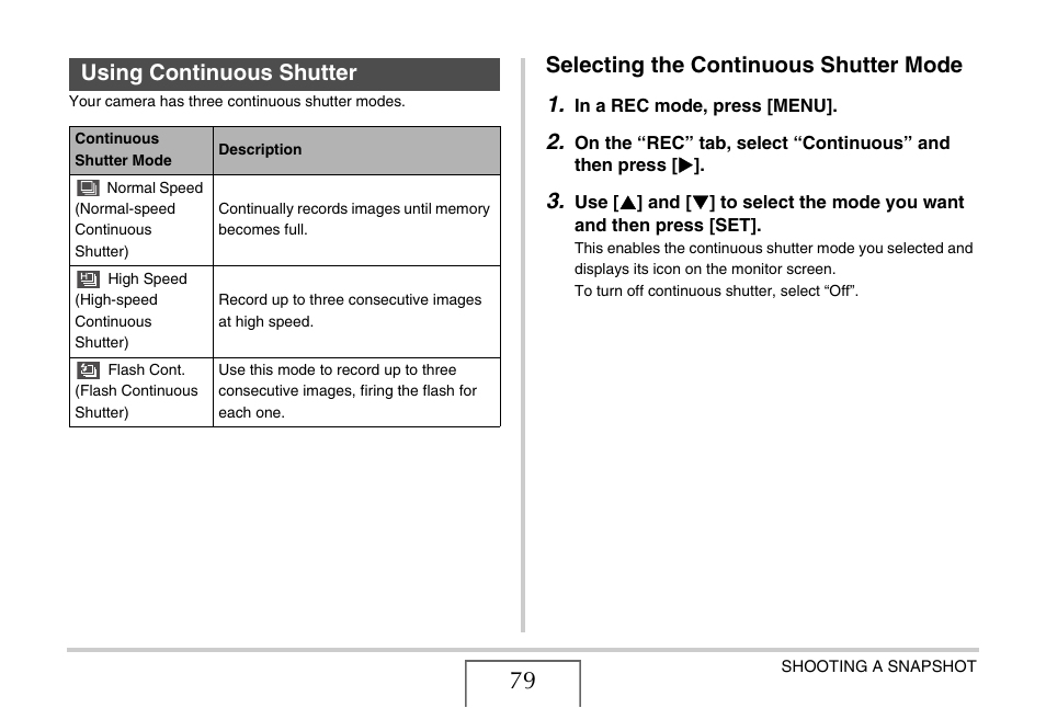 Using continuous shutter, Selecting the continuous shutter mode, Selecting the continuous shutter mode 1 | Casio EX-V7 User Manual | Page 79 / 276