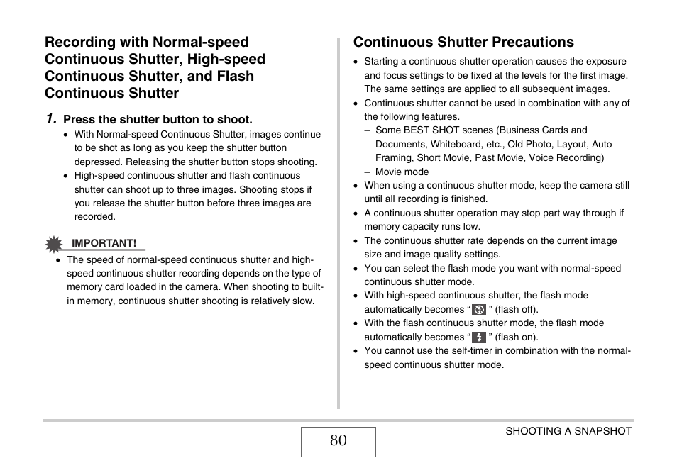 Continuous shutter precautions | Casio EX-V7 User Manual | Page 80 / 276
