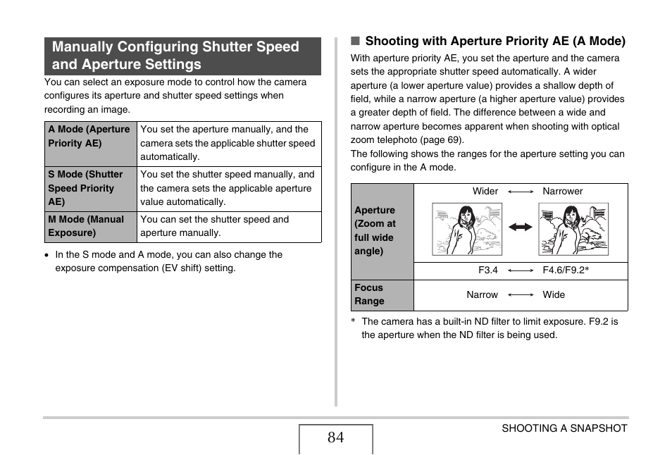 E 84, Shooting with aperture priority ae (a mode) | Casio EX-V7 User Manual | Page 84 / 276