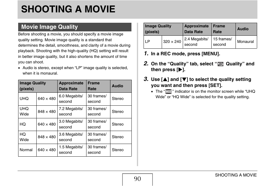 Shooting a movie, Movie image quality, E 90) | Casio EX-V7 User Manual | Page 90 / 276