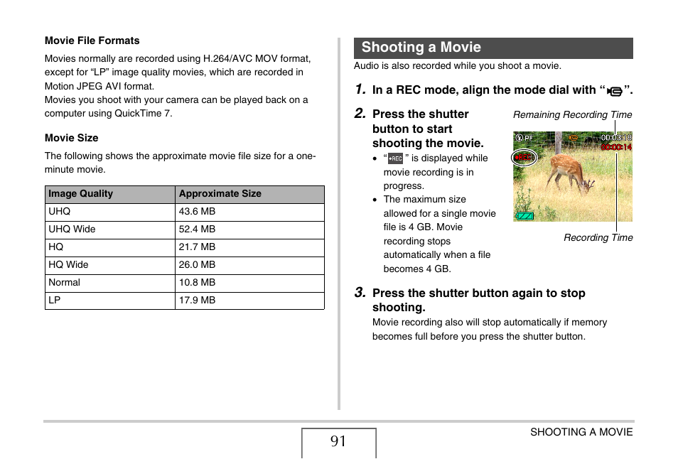 Shooting a movie | Casio EX-V7 User Manual | Page 91 / 276