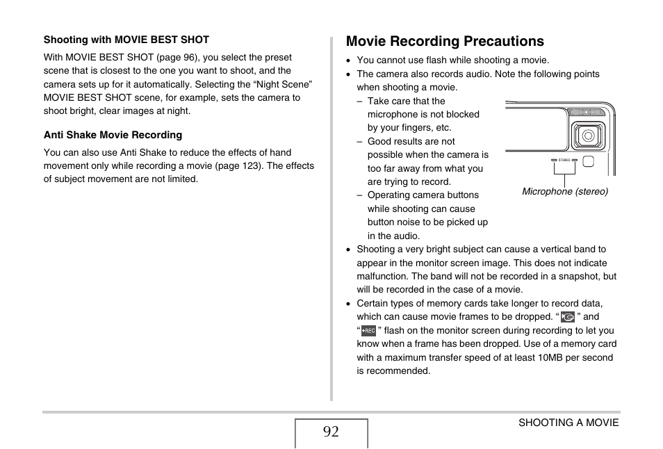 Movie recording precautions | Casio EX-V7 User Manual | Page 92 / 276