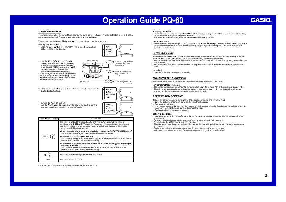 Using the alarm, Using the light, Thermometer functions | Battery replacement, Operation guide pq-60 | Casio MA0611-EC User Manual | Page 2 / 2