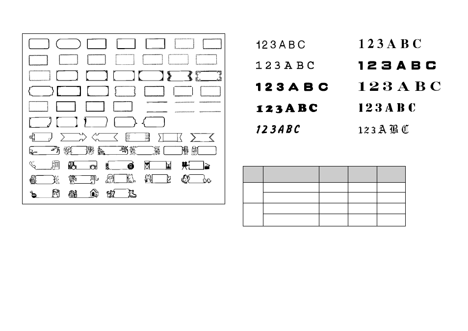 Fonts, Enlarged label measurements, Frames | Casio KL-C500 User Manual | Page 43 / 52