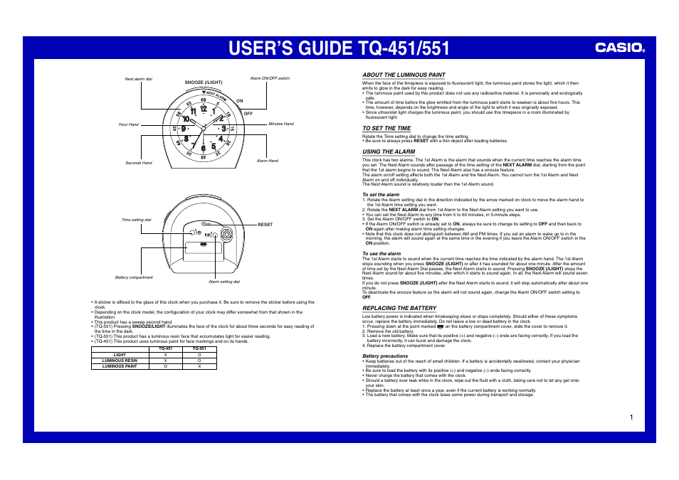 Casio TQ-451/551 User Manual | 1 page