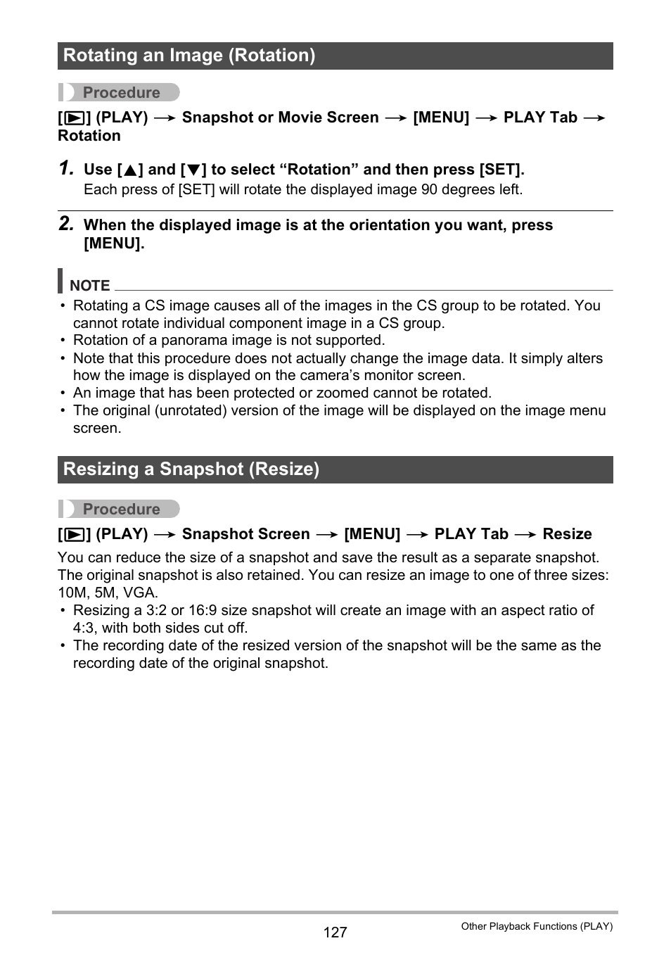 Rotating an image (rotation), Resizing a snapshot (resize) | Casio EXILIM EX-ZR200 User Manual | Page 127 / 201