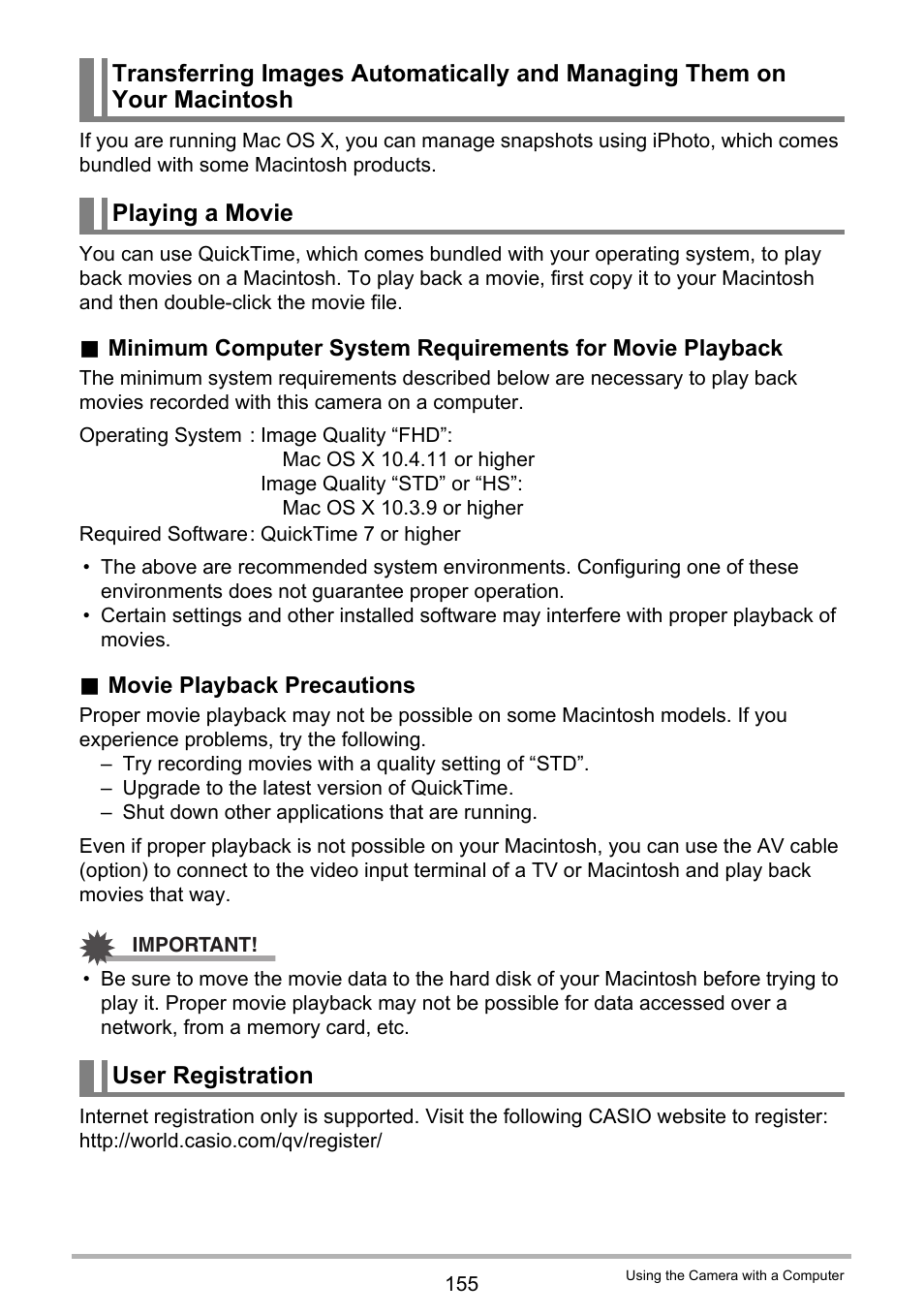 Playing a movie, User registration, 155). to play back movies | Casio EXILIM EX-ZR200 User Manual | Page 155 / 201