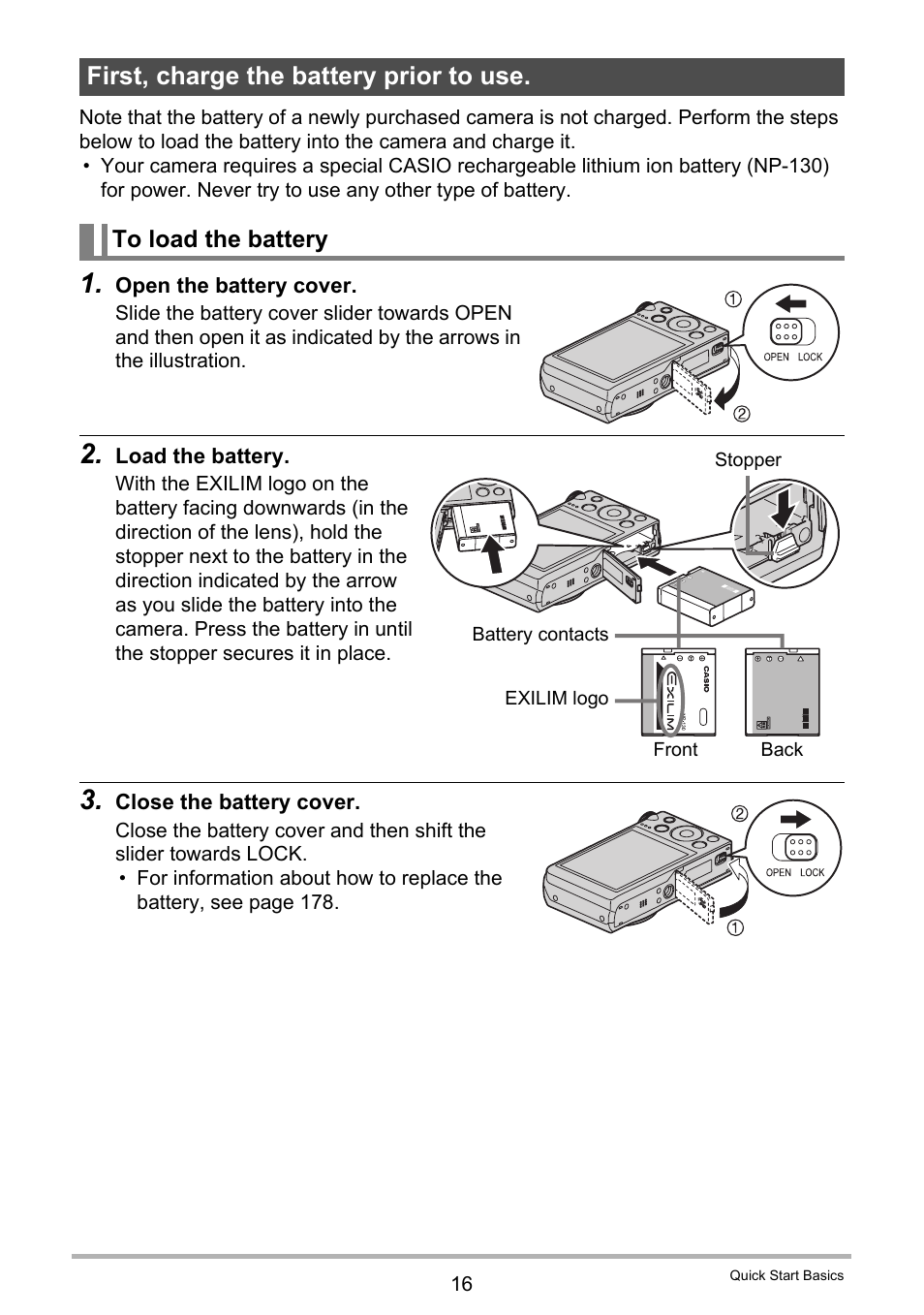First, charge the battery prior to use, To load the battery | Casio EXILIM EX-ZR200 User Manual | Page 16 / 201