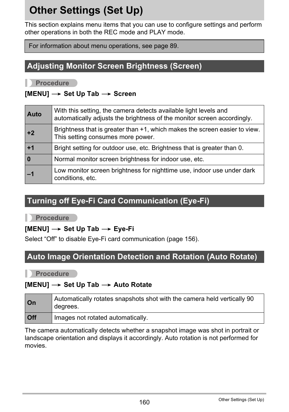 Other settings (set up), Adjusting monitor screen brightness (screen), Turning off eye-fi card communication (eye-fi) | Other settings, Set up) 160 | Casio EXILIM EX-ZR200 User Manual | Page 160 / 201
