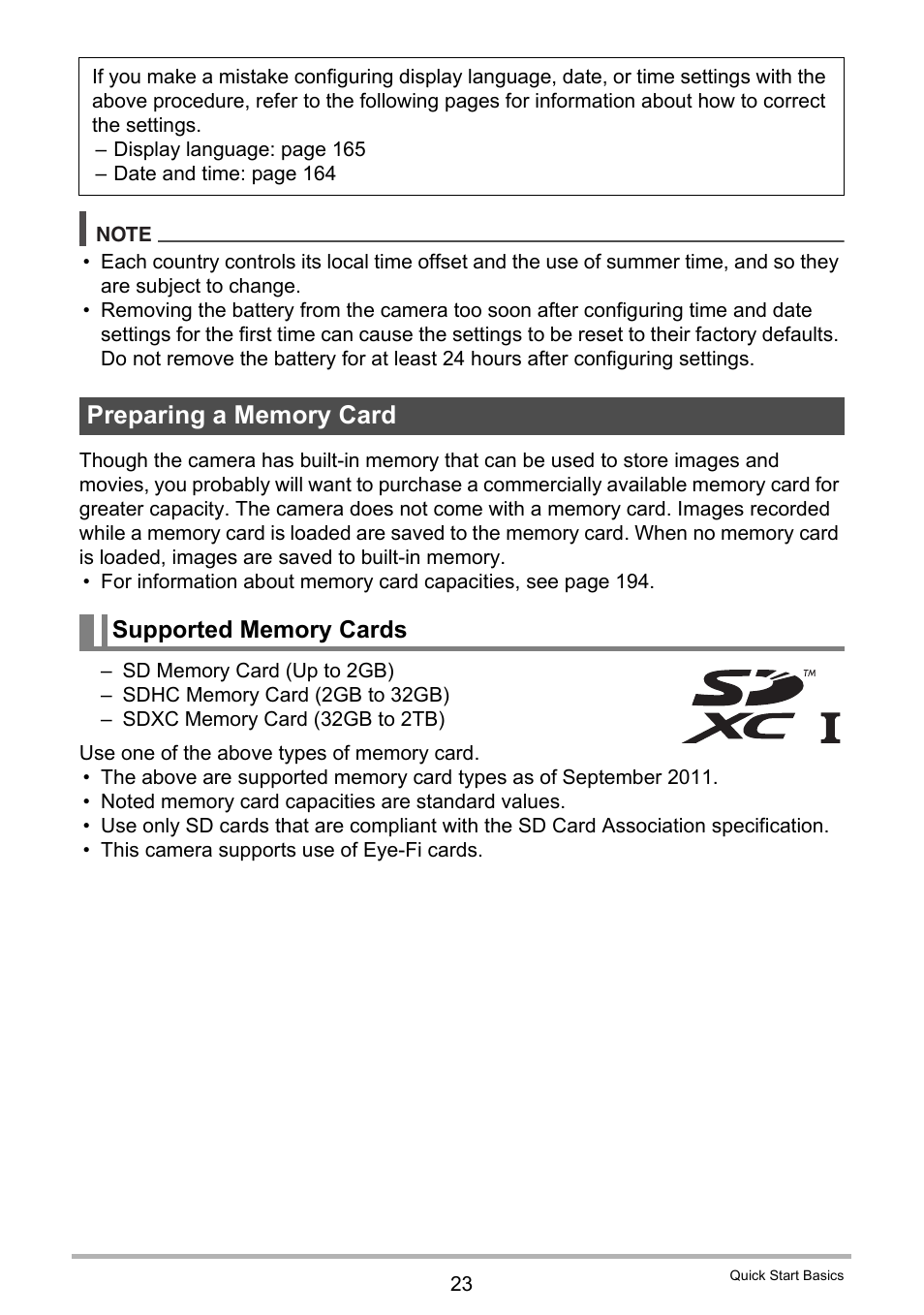 Preparing a memory card, Supported memory cards | Casio EXILIM EX-ZR200 User Manual | Page 23 / 201