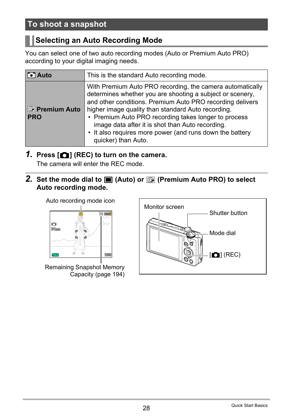 To shoot a snapshot, Selecting an auto recording mode, E 28 | Casio EXILIM EX-ZR200 User Manual | Page 28 / 201