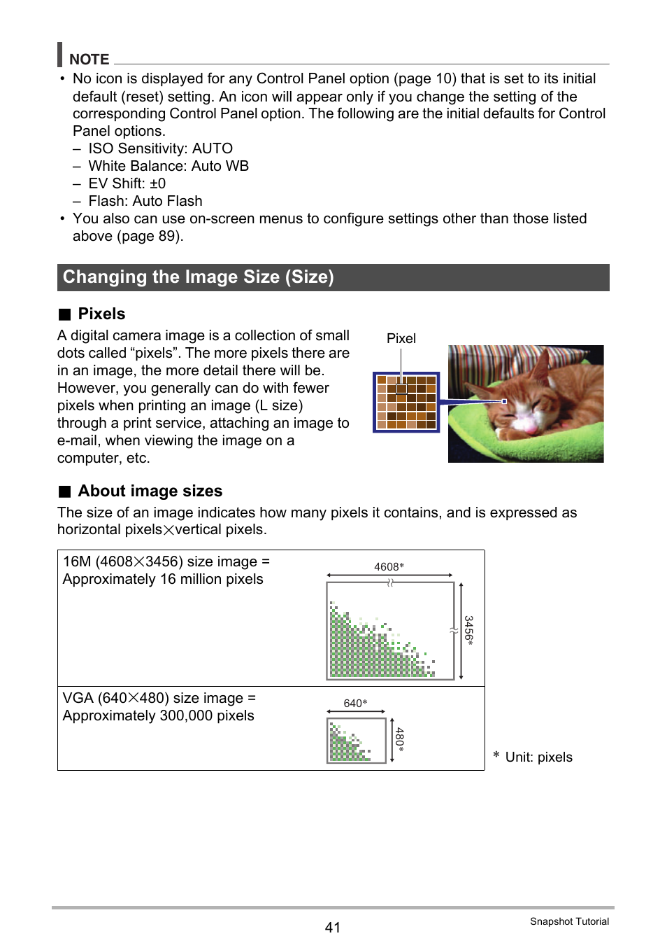 Changing the image size (size), Pixels, About image sizes | Casio EXILIM EX-ZR200 User Manual | Page 41 / 201