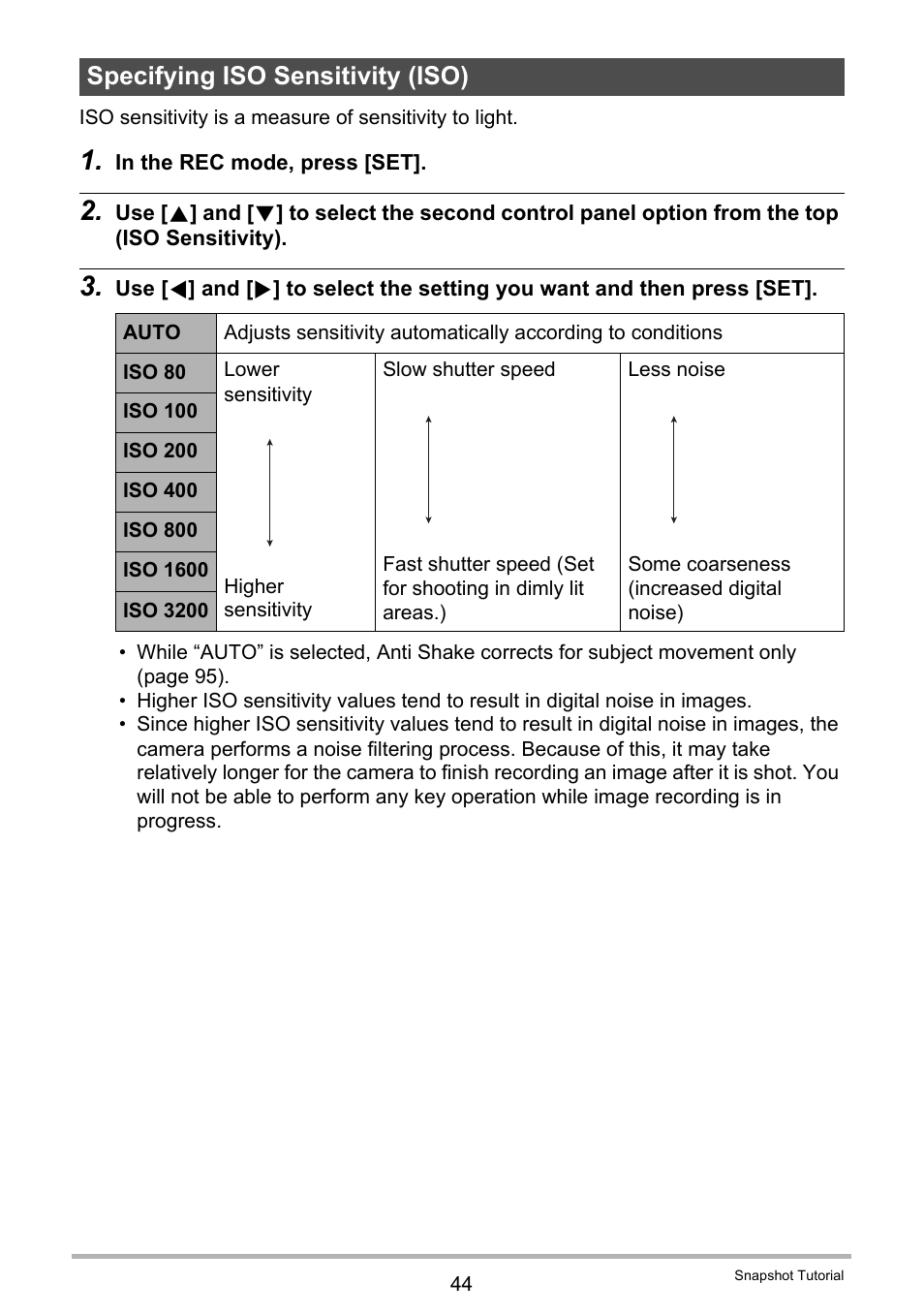 Specifying iso sensitivity (iso) | Casio EXILIM EX-ZR200 User Manual | Page 44 / 201