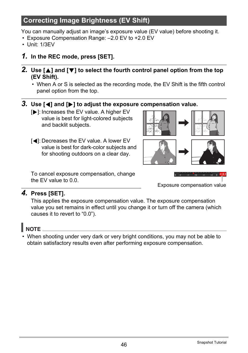 Correcting image brightness (ev shift) | Casio EXILIM EX-ZR200 User Manual | Page 46 / 201