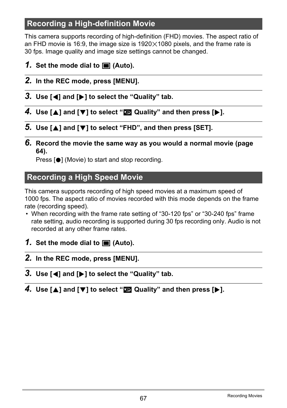 Recording a high-definition movie, Recording a high speed movie | Casio EXILIM EX-ZR200 User Manual | Page 67 / 201