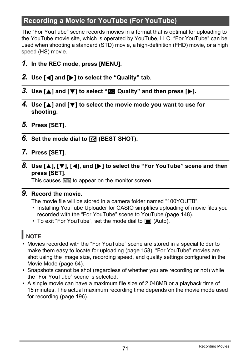 Recording a movie for youtube (for youtube) | Casio EXILIM EX-ZR200 User Manual | Page 71 / 201