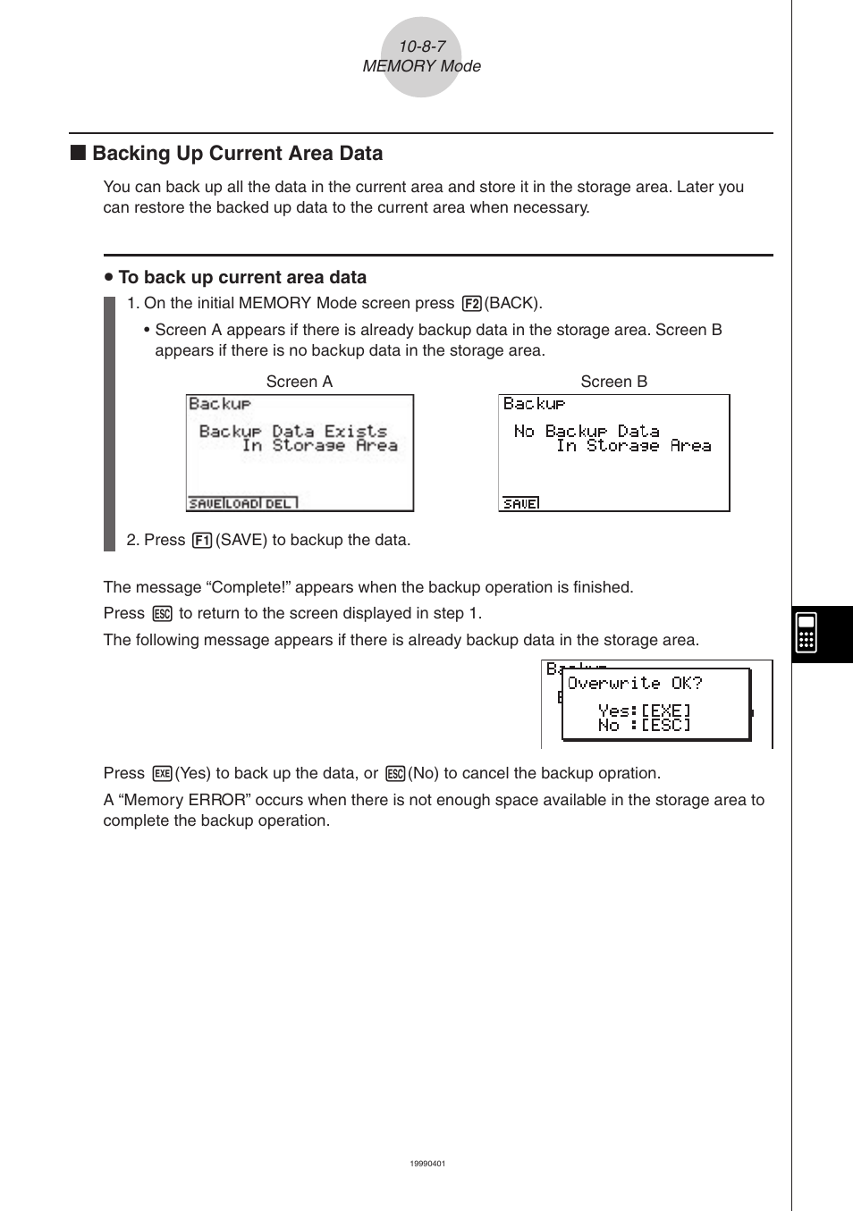 K backing up current area data | Casio FA-123 User Manual | Page 20 / 22