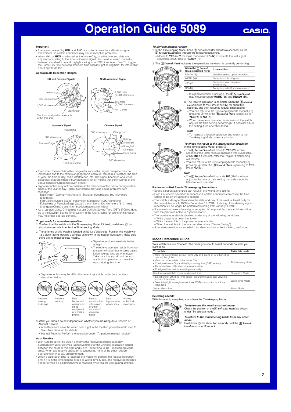 Mode reference guide, Operation guide 5089 | Casio 5089 User Manual | Page 2 / 6