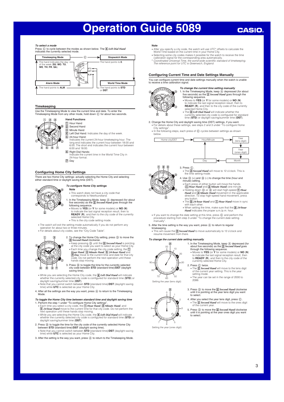 Timekeeping, Configuring home city settings, Operation guide 5089 | Casio 5089 User Manual | Page 3 / 6