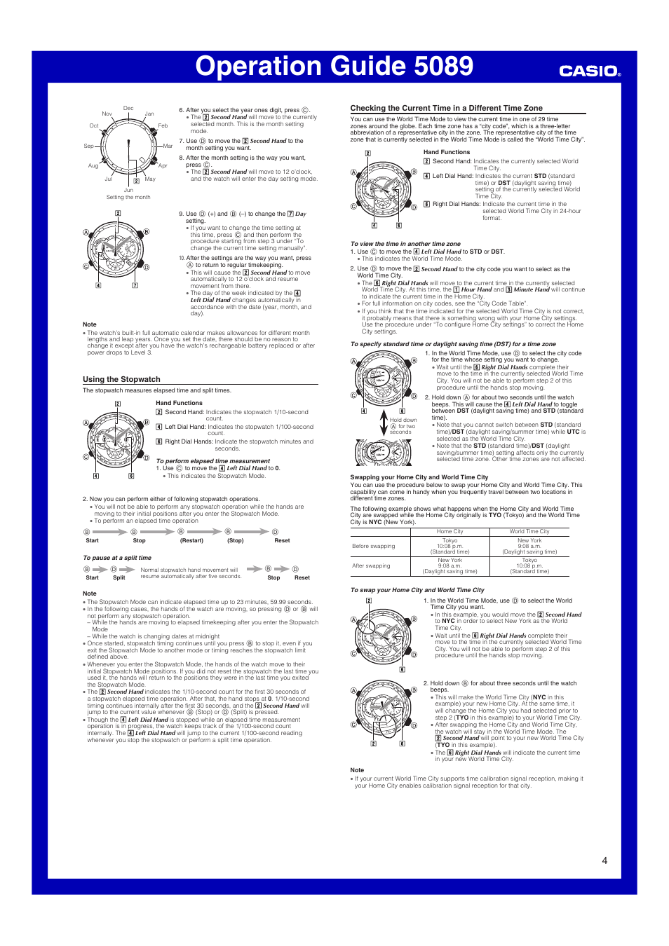 Using the stopwatch, Checking the current time in a different time zone, Operation guide 5089 | Casio 5089 User Manual | Page 4 / 6