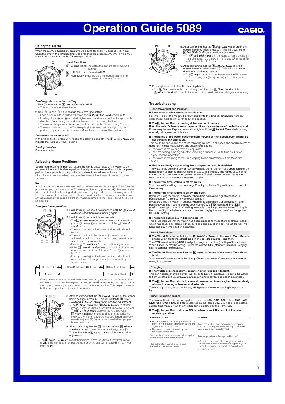 Using the alarm, Adjusting home positions, Troubleshooting | Operation guide 5089 | Casio 5089 User Manual | Page 5 / 6