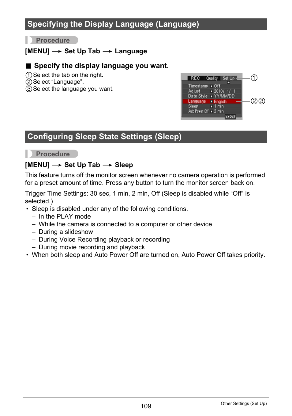 Specifying the display language (language), Configuring sleep state settings (sleep), E 109). n | Casio EXILIM EX Z 33 User Manual | Page 109 / 142