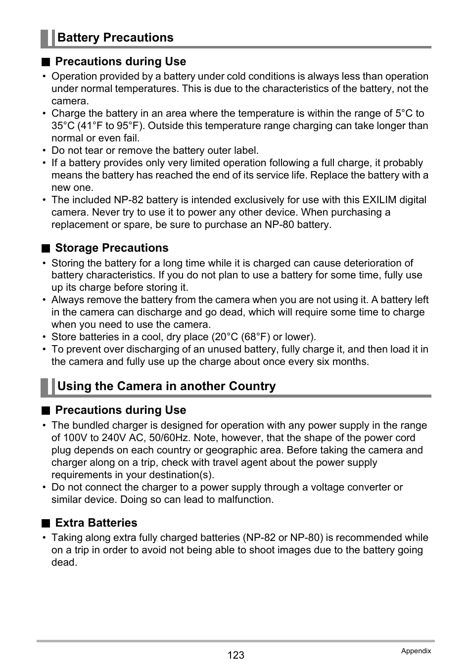 Battery precautions, Using the camera in another country | Casio EXILIM EX Z 33 User Manual | Page 123 / 142