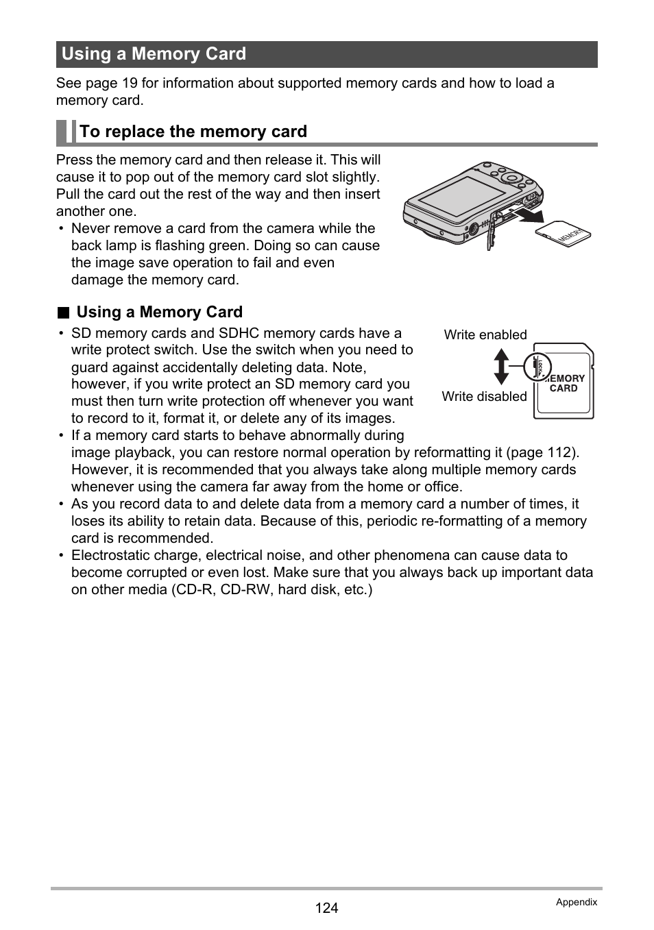 Using a memory card, To replace the memory card | Casio EXILIM EX Z 33 User Manual | Page 124 / 142