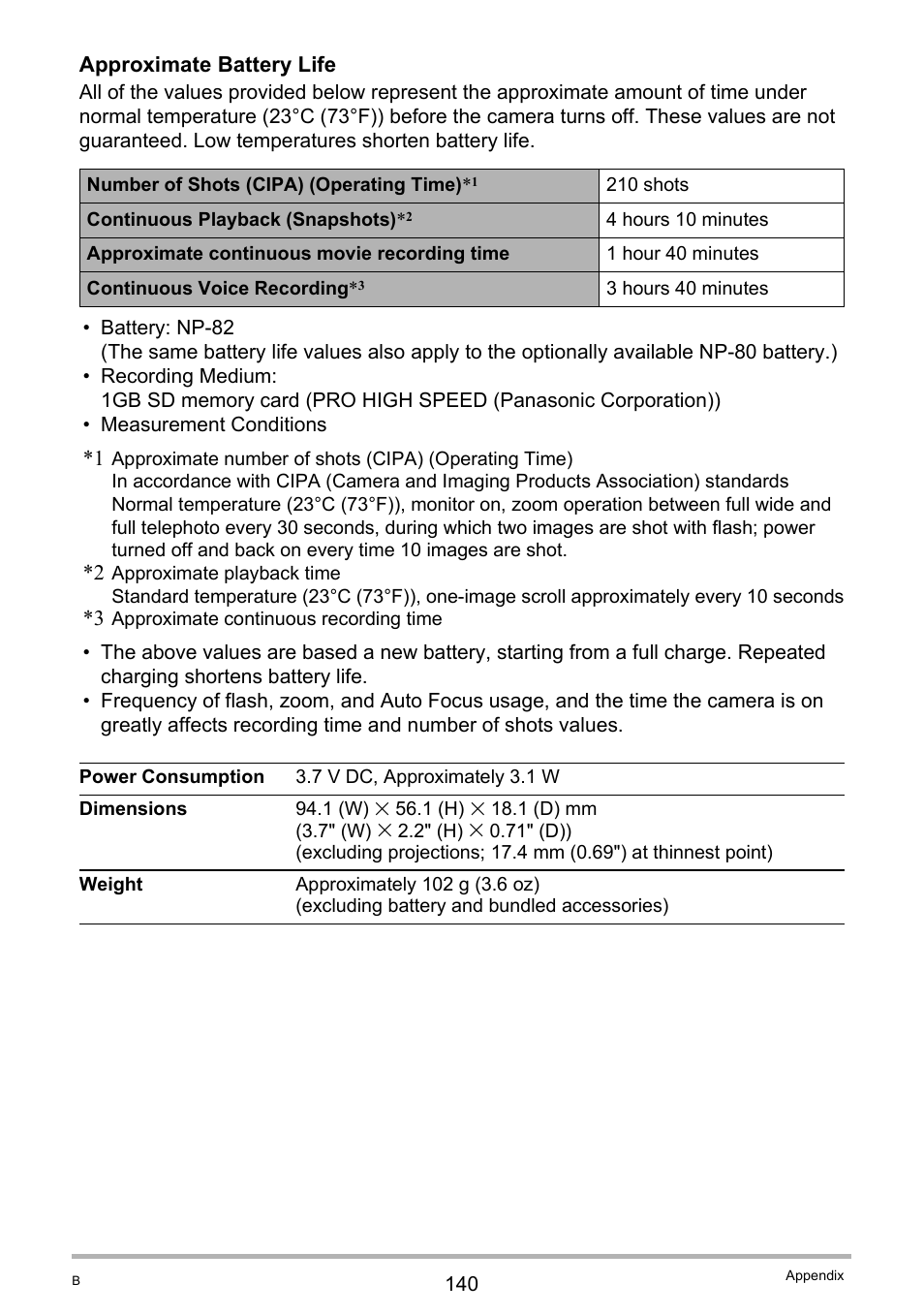 Ge 140 for, Approximate battery life | Casio EXILIM EX Z 33 User Manual | Page 140 / 142