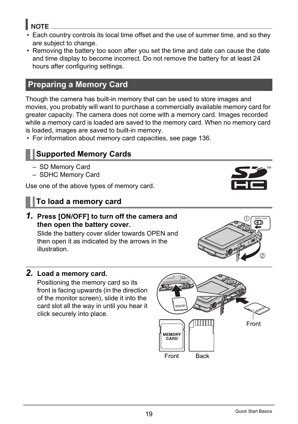 Preparing a memory card, Supported memory cards, To load a memory card | Casio EXILIM EX Z 33 User Manual | Page 19 / 142