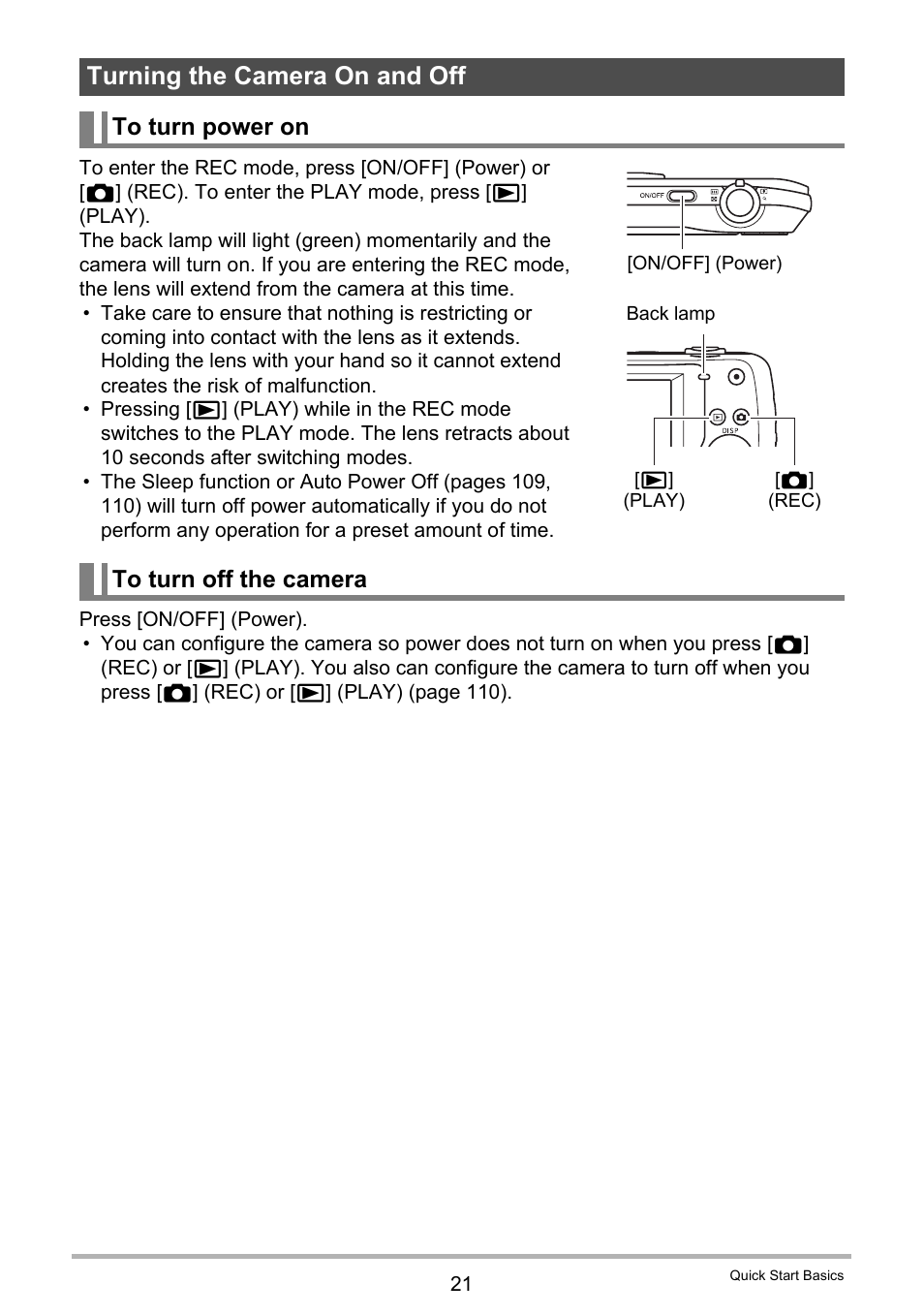 Turning the camera on and off, To turn power on, To turn off the camera | Casio EXILIM EX Z 33 User Manual | Page 21 / 142