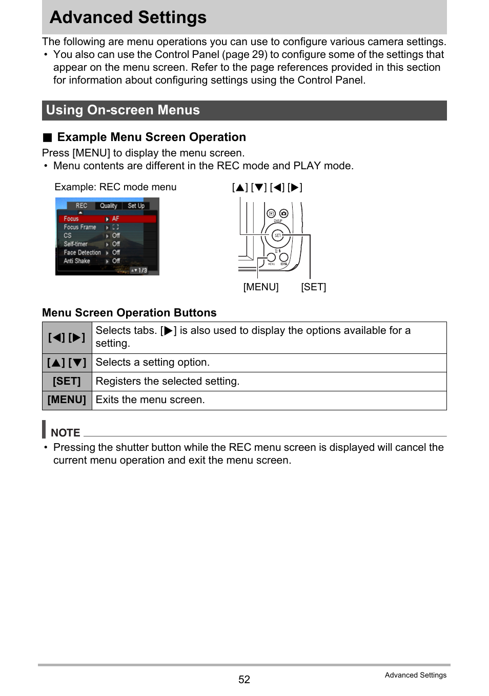 Advanced settings, Using on-screen menus | Casio EXILIM EX Z 33 User Manual | Page 52 / 142