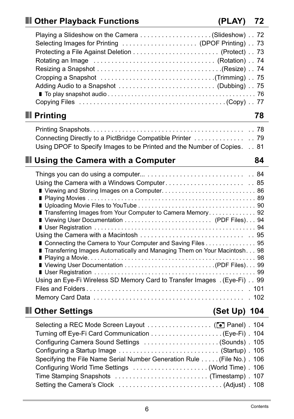 Other playback functions (play) 72, Printing 78, Using the camera with a computer 84 | Other settings (set up) 104 | Casio EXILIM EX Z 33 User Manual | Page 6 / 142