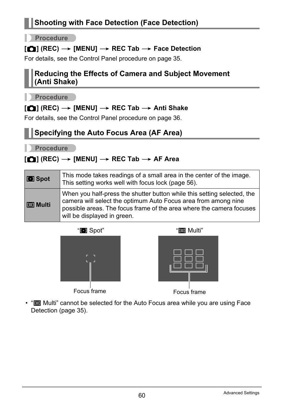 Shooting with face detection (face detection), Specifying the auto focus area (af area) | Casio EXILIM EX Z 33 User Manual | Page 60 / 142