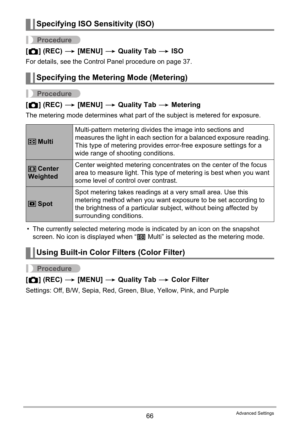 Specifying iso sensitivity (iso), Specifying the metering mode (metering), Using built-in color filters (color filter) | Casio EXILIM EX Z 33 User Manual | Page 66 / 142