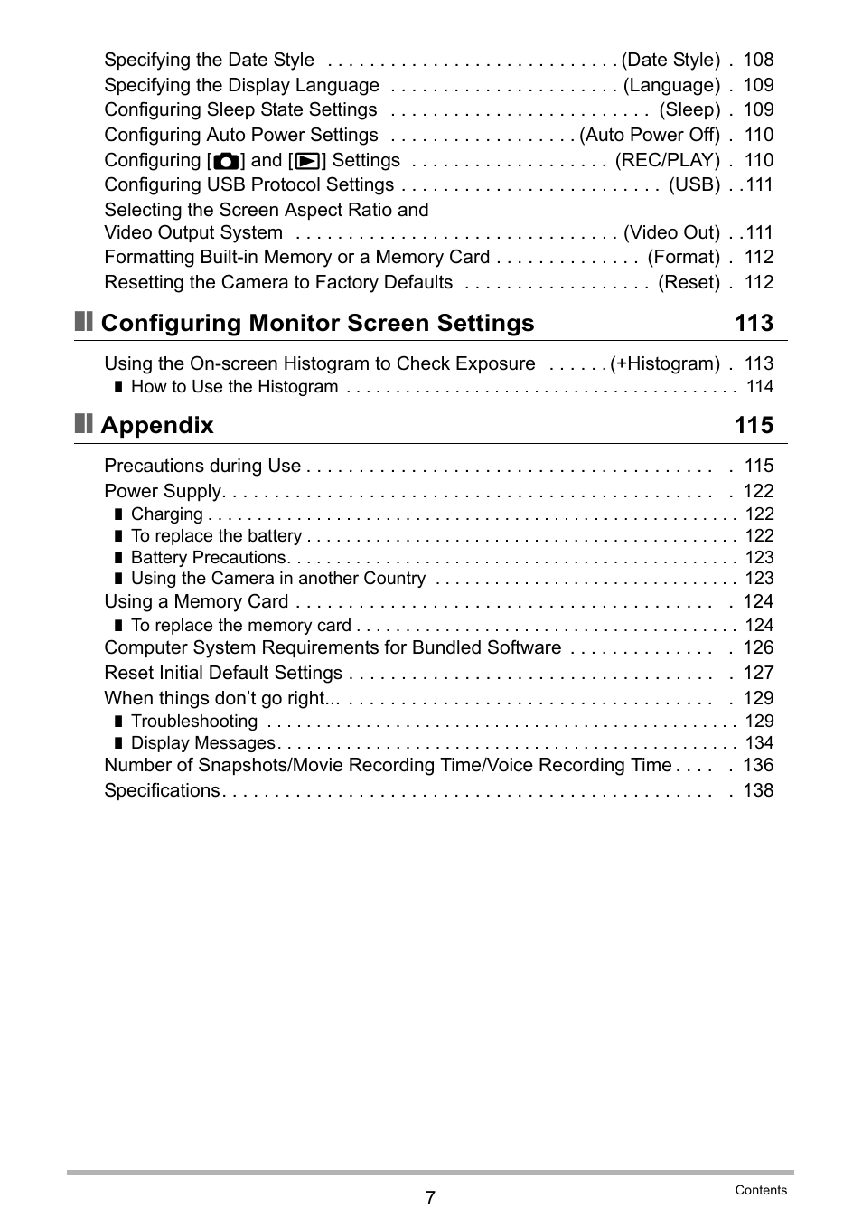 Configuring monitor screen settings 113, Appendix 115 | Casio EXILIM EX Z 33 User Manual | Page 7 / 142