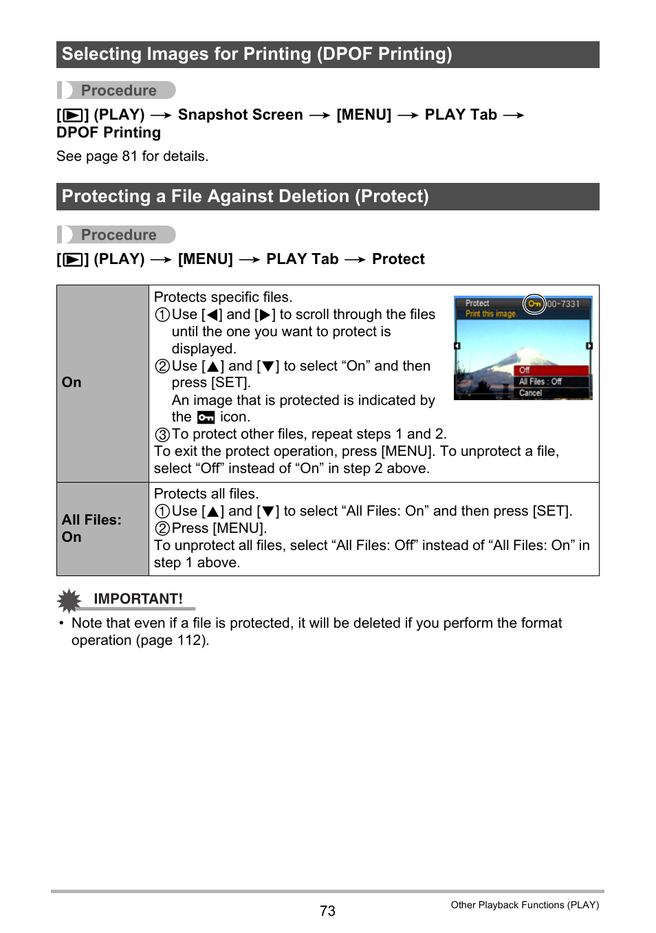 Selecting images for printing (dpof printing), Protecting a file against deletion (protect) | Casio EXILIM EX Z 33 User Manual | Page 73 / 142