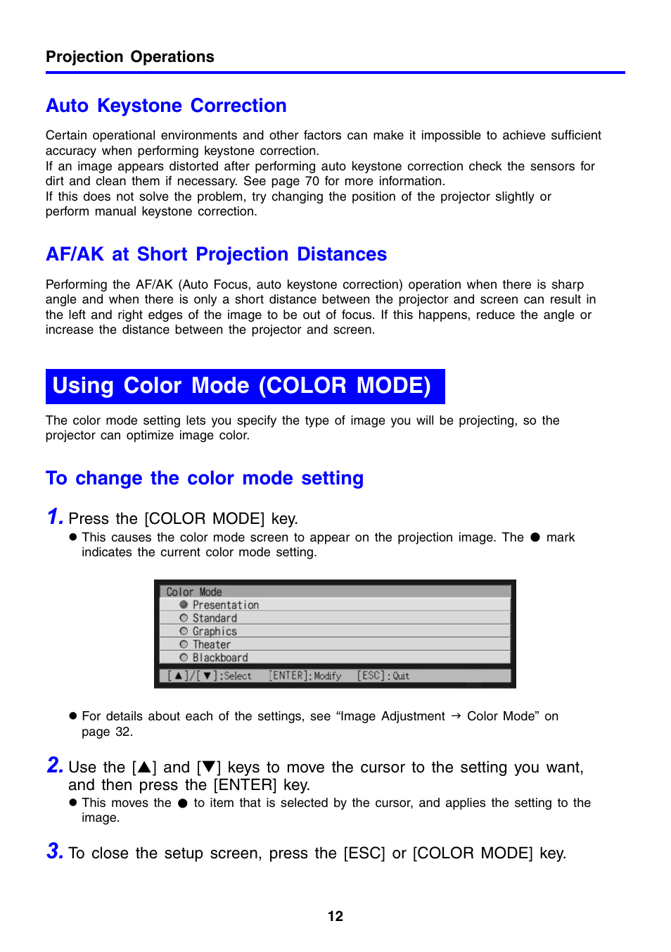 Using color mode (color mode), Auto keystone correction, Af/ak at short projection distances | Casio XJ-460 User Manual | Page 12 / 78