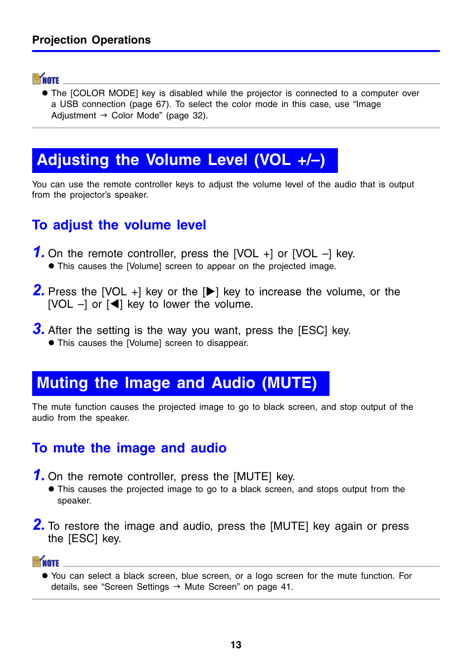 Adjusting the volume level (vol +/–), Muting the image and audio (mute) | Casio XJ-460 User Manual | Page 13 / 78