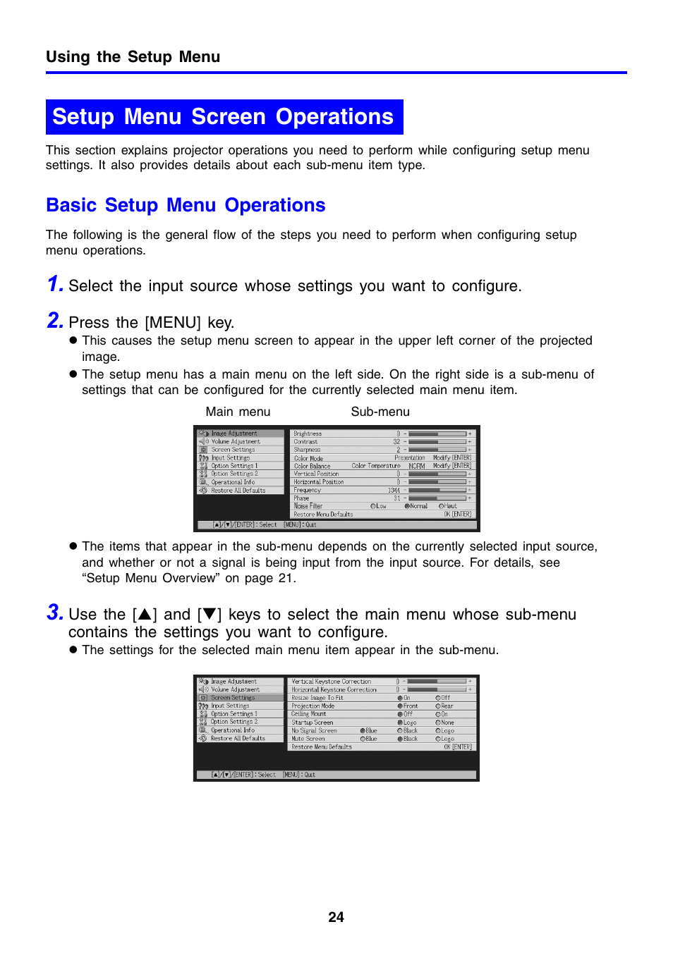 Setup menu screen operations, Basic setup menu operations | Casio XJ-460 User Manual | Page 24 / 78