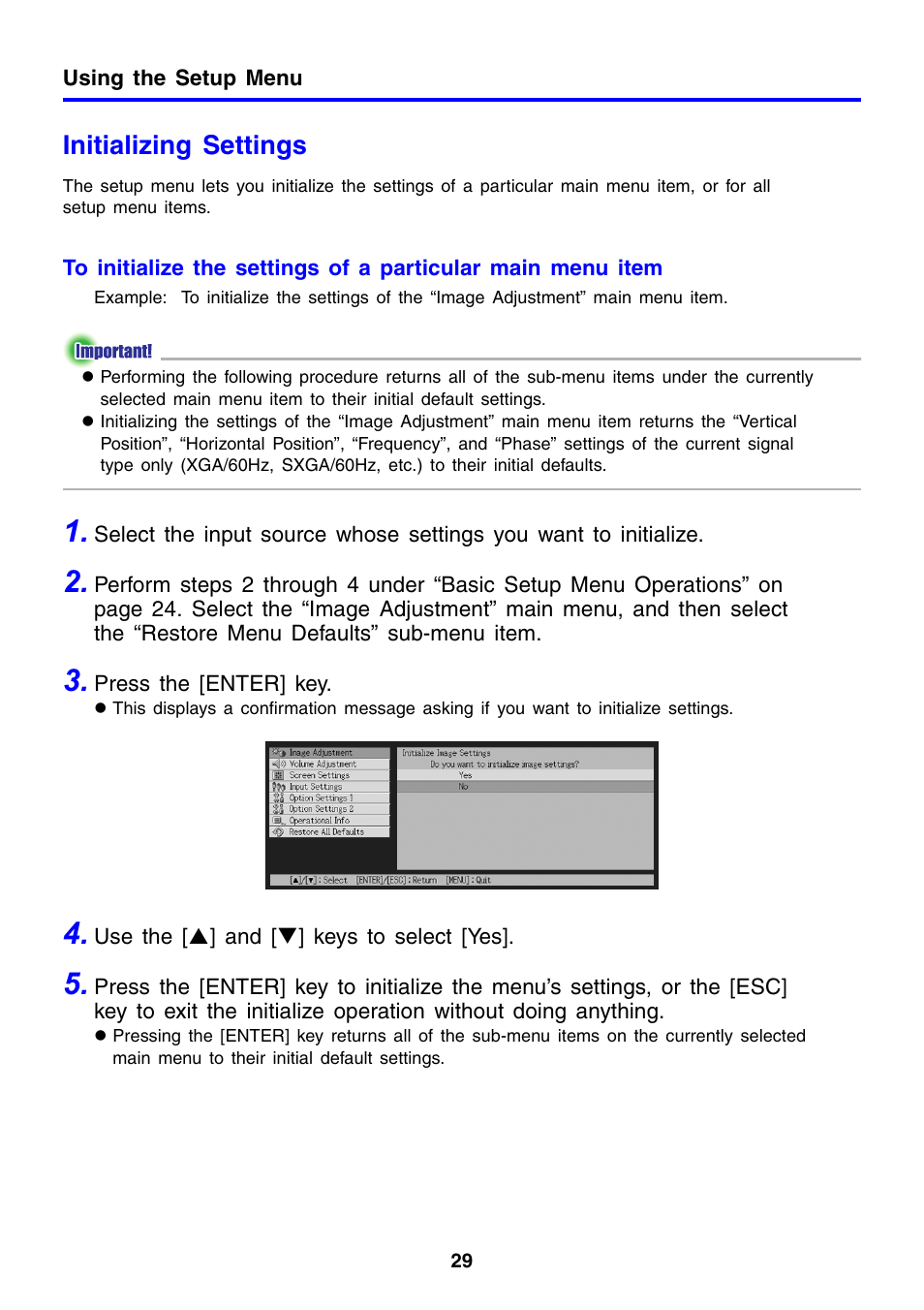 Initializing settings | Casio XJ-460 User Manual | Page 29 / 78
