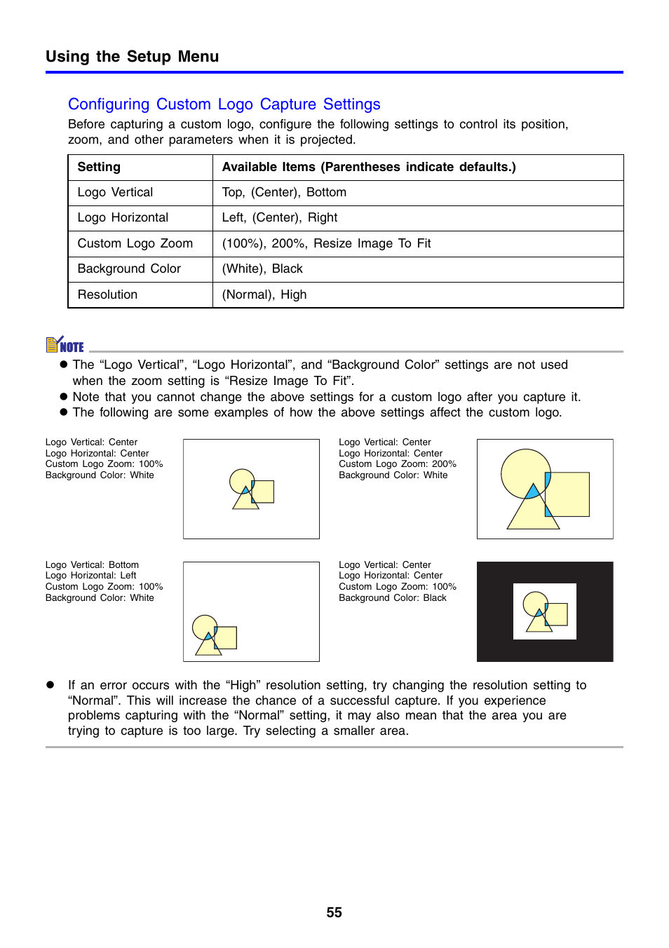Using the setup menu, Configuring custom logo capture settings | Casio XJ-460 User Manual | Page 55 / 78